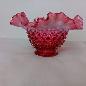 Vintage Cranberry Hobnail Glass Ruffle Bowl